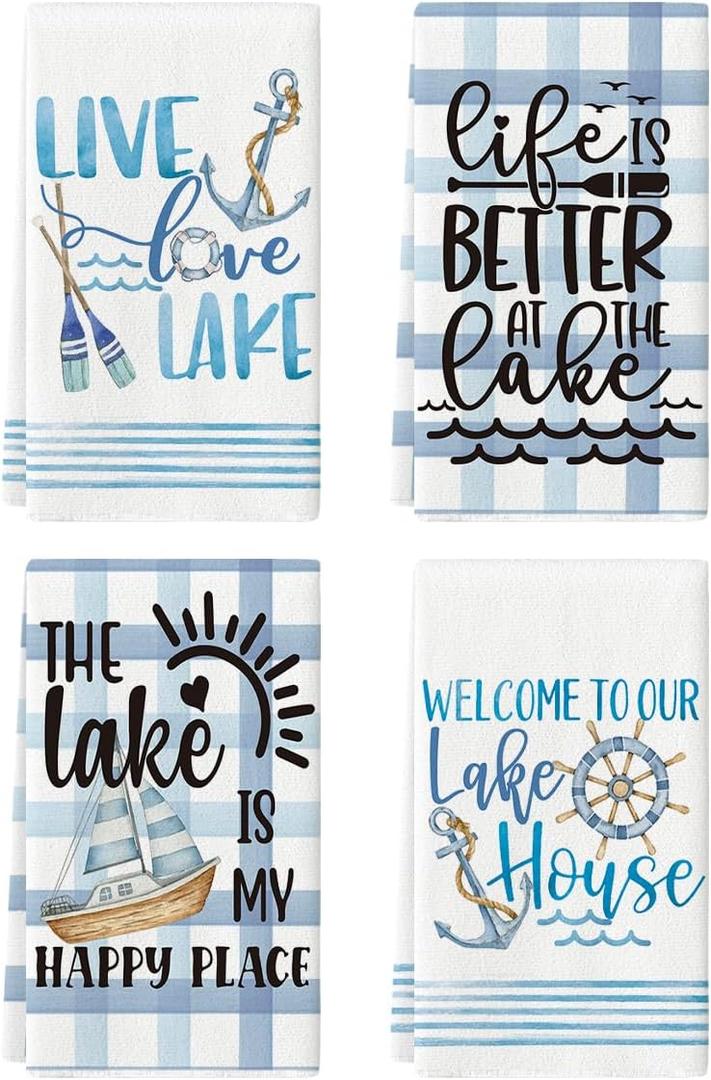Artoid Mode Buffalo Plaid Stripes Anchors Lake Summer Kitchen Towels Dish Towels, 18x26 Inch Seasonal Decoration Hand Towels Set of 4