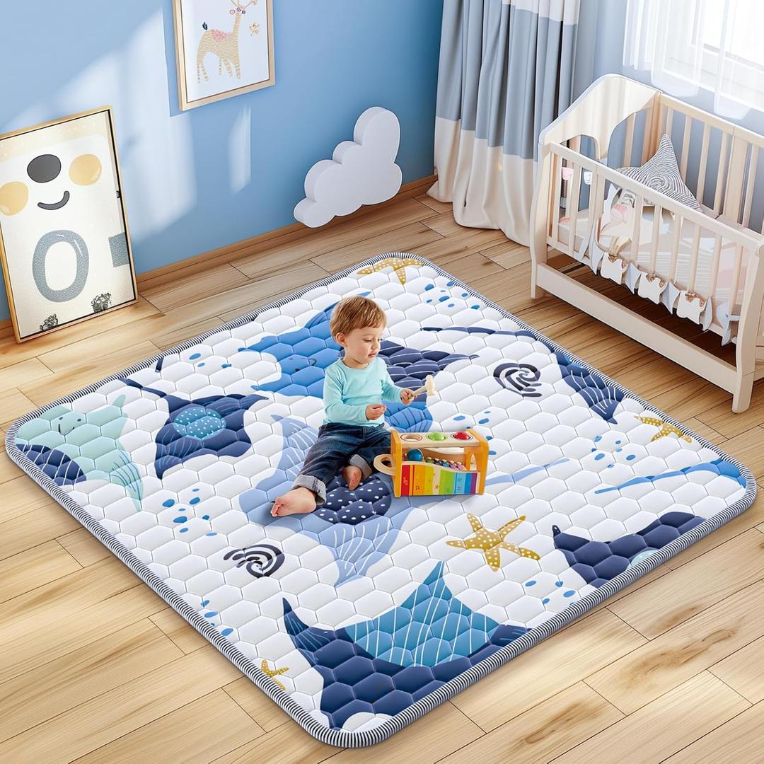 Baby Play Mat 45x45inch - Thick & Soft Baby Cushioned for Playpen - Crawling Mats for Babies Toddlers & Infant with Non-Slip Silicon Dot - Foldable Machine Washable Playmats for Floor (Blue)
