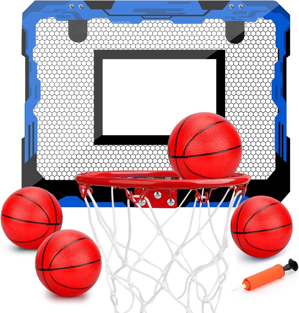 Indoor Mini Basketball Hoop Set, Upgrade Wall Mount Basketball Hoop for Wall Yard Outdoor, Over Door Room Hoops Game with 4 Balls Shatter Resistant Backboard -Complete Accessories Included (blue)