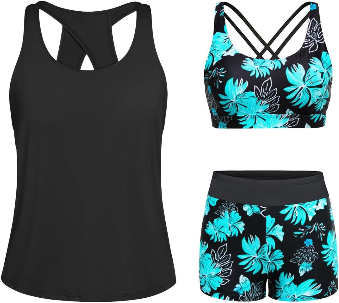 Tempt Me 3 Piece Tankini Swimsuits for Women Athletic Bathing Suits Swim Tank Top with Boy Shorts and Bra Modest Swimwear (Small, Blue Flower)