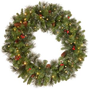 National Tree Company 30 in Pre-Lit Crestwood Spruce Artificial Christmas Wreath, Christmas Decoration with Glitter, Pinecones, Red Berries, 70 Clear Lights, 200 Tips, Green