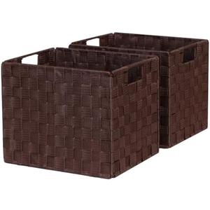 BinWhiz 2-Pack Collapsible Ribbon Woven Storage Bins with Metal Structure, Shelf Basket, Pantry Organizer, Home Decorative Utility Container (12 x 10 x 10 in, Brown)