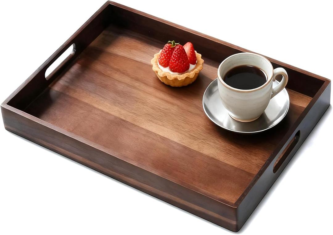 Acacia Wood Serving Tray with Handles, 17 Inch Wooden Tray for Ottoman, Breakfast, Lunch, Dinner, Decorative Rectangular Tray for Living Room, Kitchen Counter, Outdoor