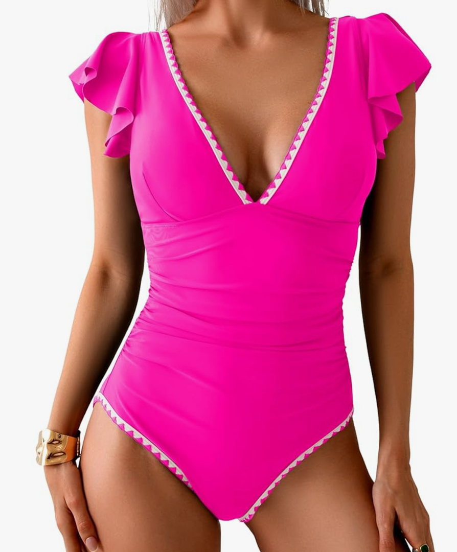 Aidonger Women's One Piece Ruffle Swimsuit Tummy Control Bathing Suit V Neck Shell Stitched Swim Suit Slimming Swimwear L