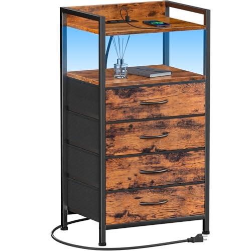 Furnulem Night Stand with Charging Station and Led Light, 4 Drawer Dresser for Bedroom, Small Nightstand Bedside Table, Fabric Bins, Metal Frame, Wood Shelf, Side Furniture(Rustic Brown)
