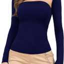 Women's Sexy Tube Top Y2K 2 Piece Long Sleeve Casual Solid Two-Piece Tops Set Going Out Fashion T-Shirt Tank Tops T02, Size Small