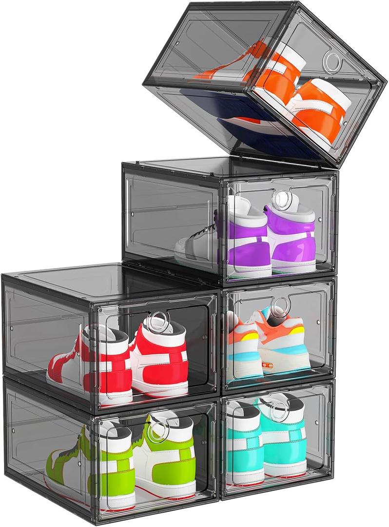 ARSTPEOE 6 Pack Upgrade Harder Shoe Organizer, Shoe Storage with Magnetic Front Door, Clear Shoe Boxes Foldable Space-Saving Shoe Rack for Sneaker Boot Container, Black