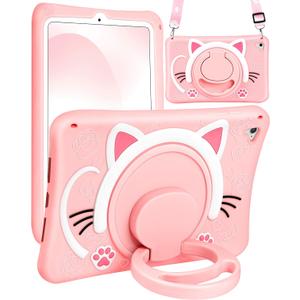 for iPad 6th Generation/Air 2/ Pro 9.7 Inch Case Girls Cute Cat Kawaii Cover Girly Cartoon with Rotating Handle Stand & Strap Silicone Funda for iPad Cases 6th Gen/Air2/Pro 9.7