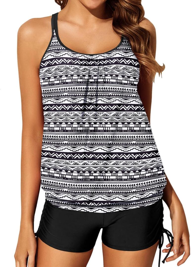 Yonique Womens Blouson Tankini Swimsuits Two Piece Strappy Bathing Suit Tops with Shorts Criss Cross Swimwear (Medium, Black&white Tribal) Yonique Womens Blouson Tankini Swimsuits Two Piece Strappy Bathing Suit Tops with Shorts Criss Cross Swimwear (Medium, Black&white Tribal)