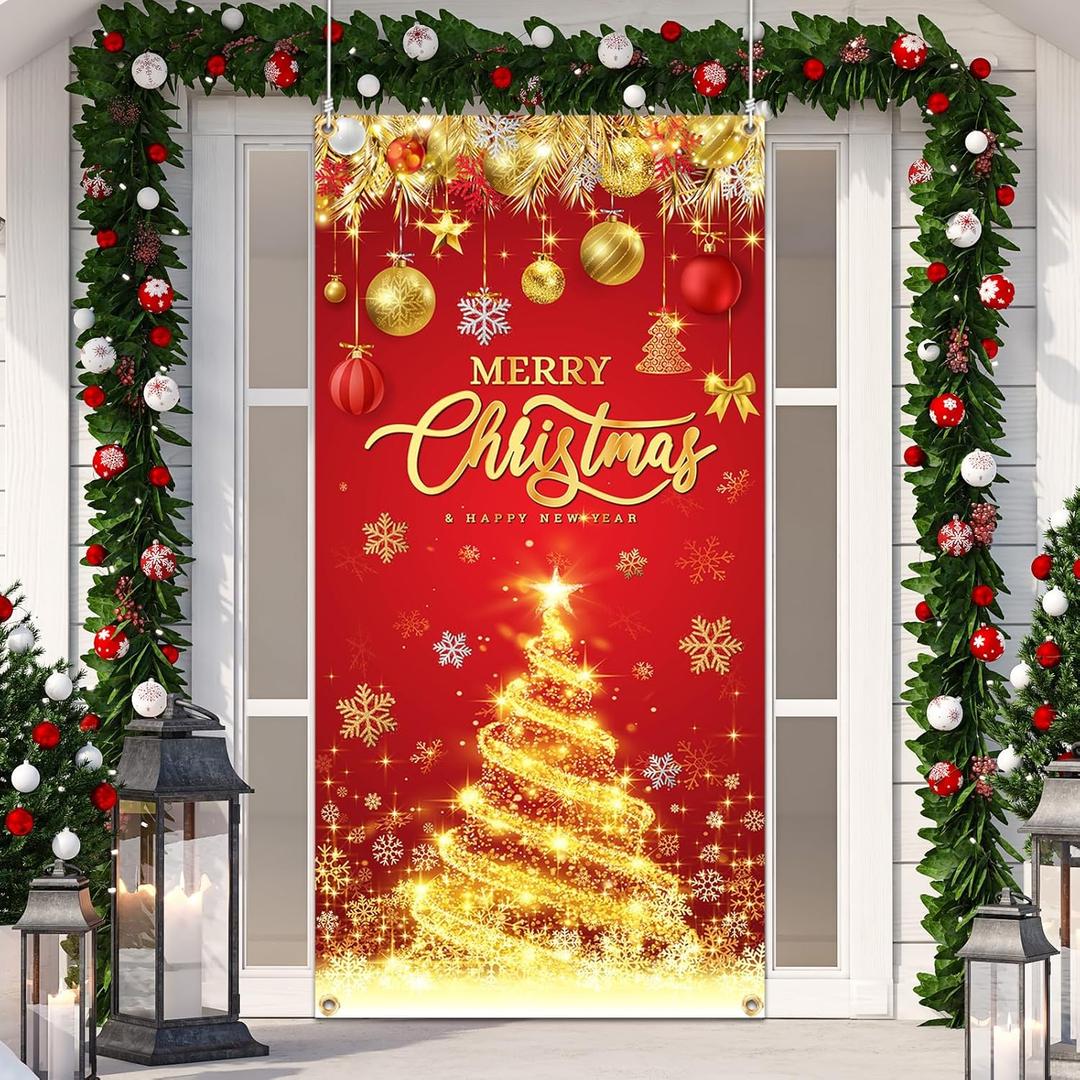 Christmas Door Cover, Red Christmas Door Banner Merry Christmas and Happy New Year Front Door Christmas Tree Backdrop for Winter Holiday Xmas New Year Decorations,70.8 X 35.4 Inch