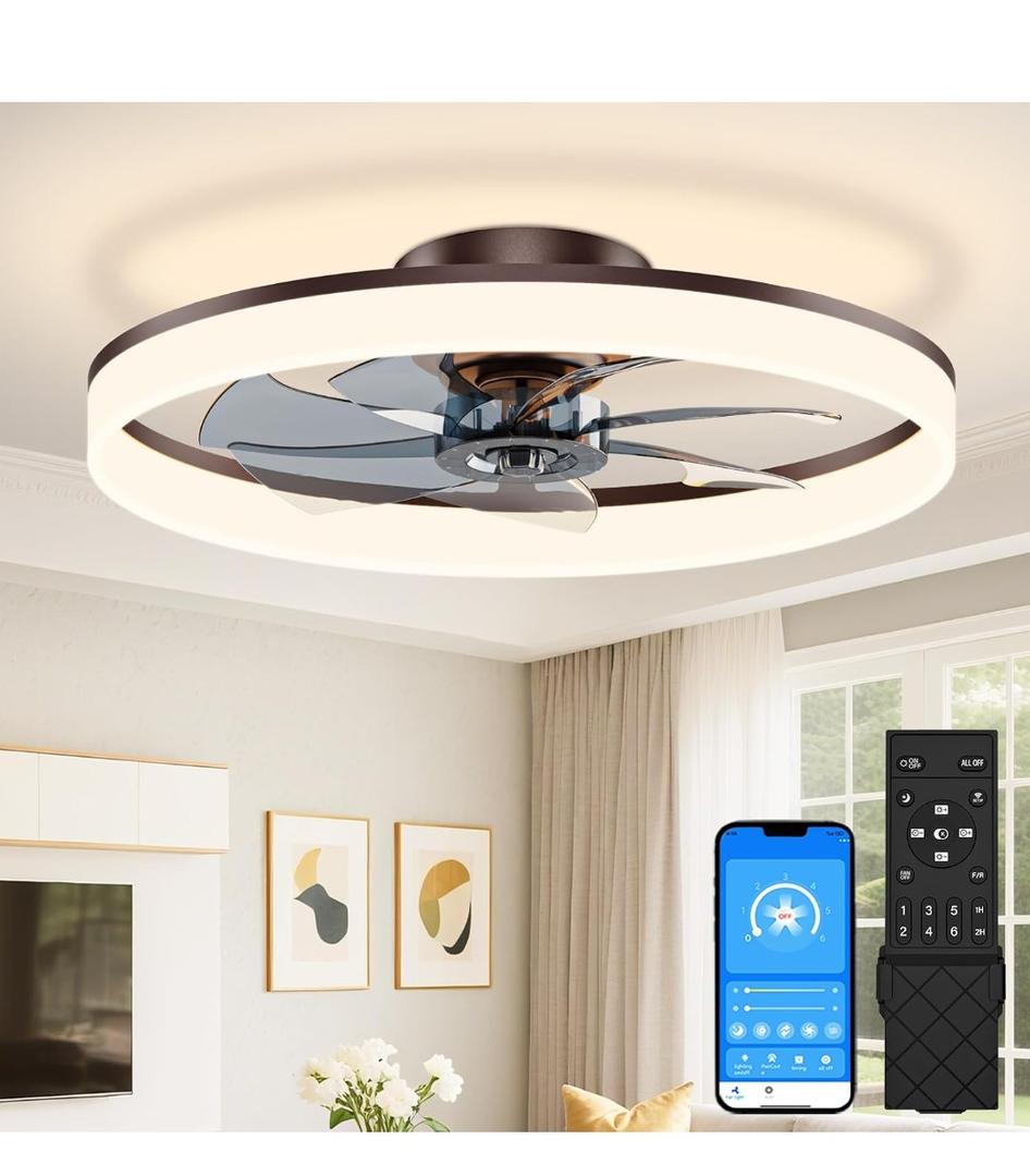 VOLISUN Low Profile Ceiling Fans with Lights and Remote, 24in Fandelier Ceiling Fan Flush Mount, 3000K-6500K Smart Bladeless LED Fan Light, Brown Modern Ceiling Fans with Lights for Bedroom