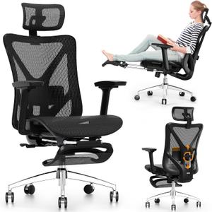 GABRYLLY Ergonomic Office Chair with Footrest, 135° Reclining Desk Chair with Adjustable Lumbar Support, 3D Armrest, Headrest & Large Steel Base, 300LBS Heavy Duty Mesh Chair