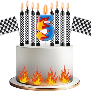 Conelist 15 Pcs Racing Cars Themed Birthday Number Candles Truck Wheel Candle Black and White Checkered Flag Cake Topper Fire Race Car Cake Decoration for Birthday Party Decoration Supplies(Number 5)