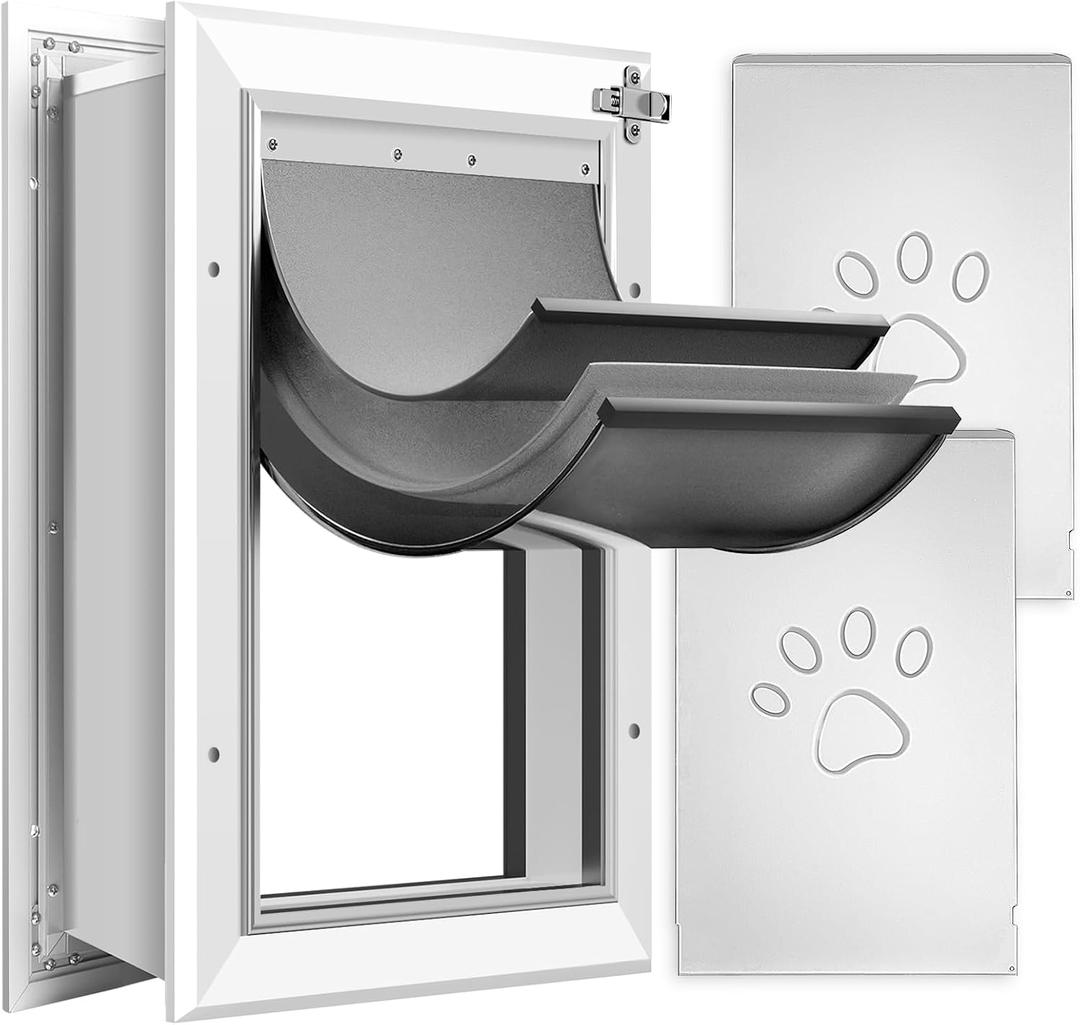 [Petoasis] 3-Flaps Dog Door for Wall, Rust Proof Aluminum Alloy Frame, Extreme Weather Dog Door Can Block Wind, Snow, and Rainwater Intrusion (Silvery White, XL for Wall), XLarge for Wall