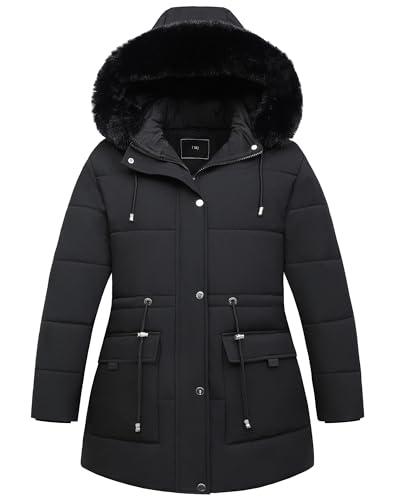 Pefflarge Women's Plus Size Down Coat Parka Jacket | Waterproof, Windproof, Detachable Hood, Thicken for Winter Warmth (2XL, Black)