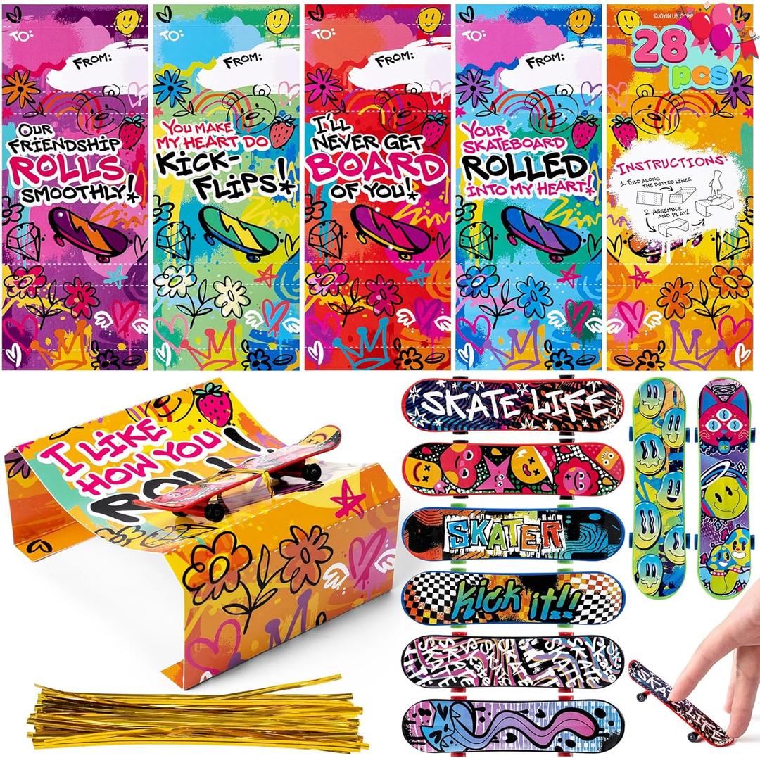 JOYIN 28 Pcs Valentines Day Finger Skateboards with Cards for Kids, Valentine Party Favor, Greeting Cards, Classroom Exchange Prizes, Holiday Reward Gifts, Finger Skateboard Toys