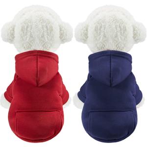2 Pieces Winter Dog Hoodie Warm Small Dog Sweatshirts with Pocket Cotton Coat for Chihuahua Clothes Puppy Costume(L, Dark Blue, Wine Red)