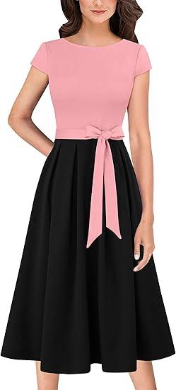 VFSHOW Womens 2025 Summer Work Business Midi Dresses Belted Pockets Office Slimming A-Line Fit and Flare Dress (Black and Pink, X-Large)
