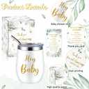 Hoolerry 6 Set Baby Shower Game Prizes for Guests Winners 12 oz Insulated Stainless Steel Tumbler Cup with Lids, Straws, Cleaning Brush, Cards & Boxes Return Gifts(White Green,Greenery)