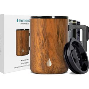 Elemental Insulated Coffee Mug - Triple-Wall Stainless Steel Summit Travel Cup for Hot and Cold Drinks - Thermal Coffee Mug with Lid and Handle for Camping, Office & Travel 16oz - Teakwood