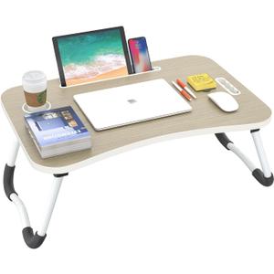 BUYIFY Folding Lap Desk, 23 Inch Portable Wood Brown Laptop Bed Desk Lap Desk with Cup Holder, for Working Reading Writing, Eating, Watching Movies for Bed Sofa Couch Floor
