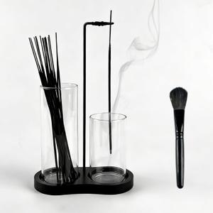 2 in 1 Black Incense Holder for Sticks with Glass Ash Catcher, Anti-Ash Incense Burner for Yoga Meditation Spa, Sleek Minimalist Decor & Incense Holder for Men, Includes Ash Brush