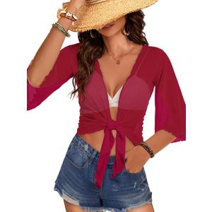 Women's Short Cardigan Bolero Shrug Sheer Tie Front Top 3/4 Sleeve Jacket for Dress (Red, XL)