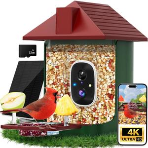 Smart Bird Feeder with Camera,5200mAh Battery with Solar Panel, 4K Native Resolution Live View, AI Species Identification, Auto Capture & Instant Arrival Alert, Ideal Gift for Bird Lovers (Red Green)