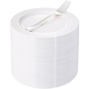 WELLIFE 100 Pieces White Plastic Dessert Plates with 100pcs Silver Disposable Forks, Premium Hard Salad Plate 7.5”, Appetizer Plastic Plates for Wedding, Party --- no silverware