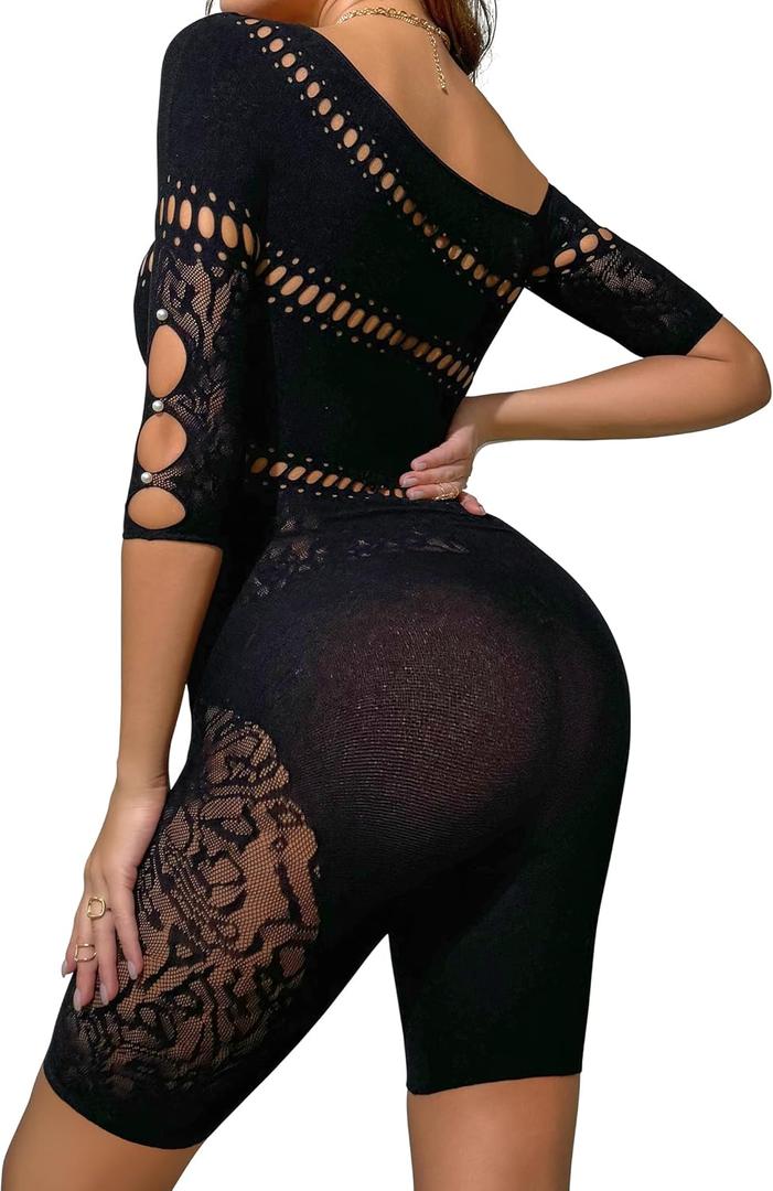 Womens Lingerie Fishnet Dress, Women's Sheer Mesh Long Sleeve Bodycon Dress - Rhinestone Embellished (Black)