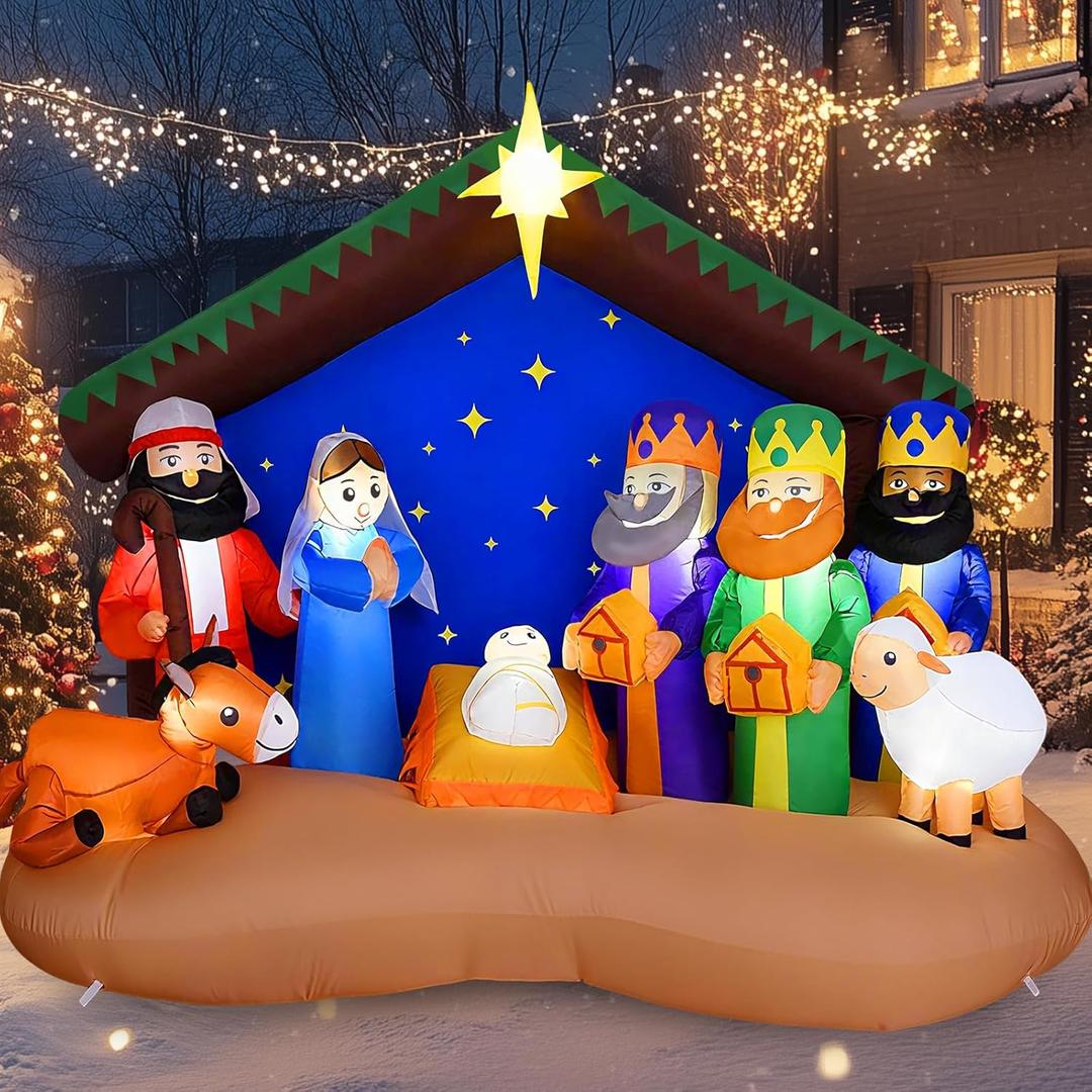 8FT Christmas Inflatables Nativity Scene Outdoor Decorations, Christmas Blow Up Yard Decorations with LED Lights Large Nativity Set Outdoor Nativity Inflatable Christmas Decoration for Xmas Patio Lawn