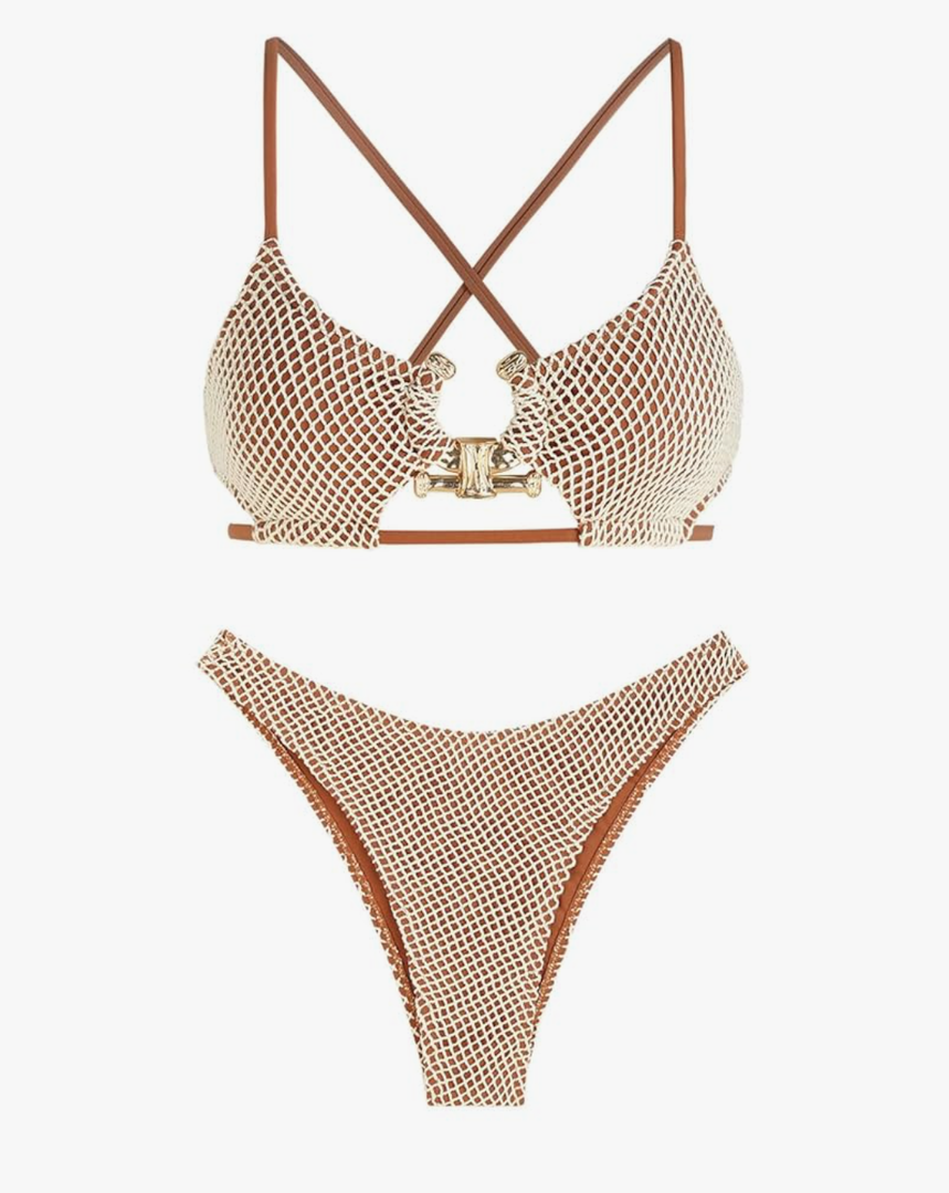 ZAFUL Women's Sexy Cutout Bikini Set High Cut Textured Metal Ring Cheeky Swimsuit Two Piece Bathing Suit, L