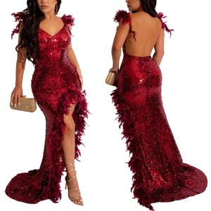 AlexQueen Women's Sexy Spaghetti Strap V Neck Mesh See Through Bodycon Sequin Gown Evening Dress with Slit (Red, L)