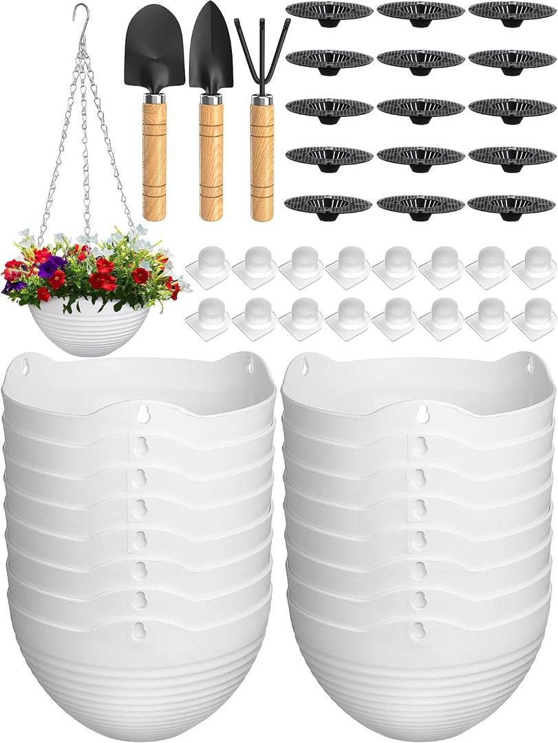 Eccliy Hanging Planters, Set of 16 Pcs Plastic Hanging Pots White Flower Plant Pots Baskets Hanging Chains Drainage Plugs Water Barrier with Small Garden Tools Set for Outdoor Indoor Home Garden