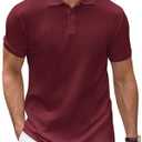 LIFROWI Mens Polo Shirts Short Sleeve V Neck T Shirts Golf Shirts Button Up Shirts Collared Cotton Summer Shirt(S,6-Burgundy) (Red, S)
