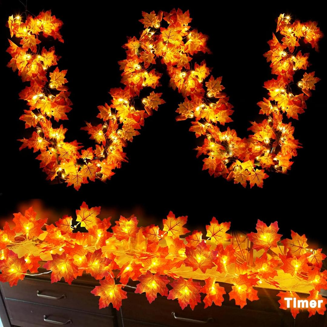 Timer - 2 Pack Thanksgiving Decorations Fall Garland with Lights Fall Decorations for Home, Maples Leaves Lighted Thanksgiving Garland 20FT 40LED Battery Operated Autumn Decor Indoor Outdoor Christmas