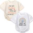 2Pcs Baby Girl Romper for Fathers Day, Daddys Girl & Mommys World Outfit, Bodysuit Short Sleeve Infant for 0-24 Months (12-18 Months, Multicolor)