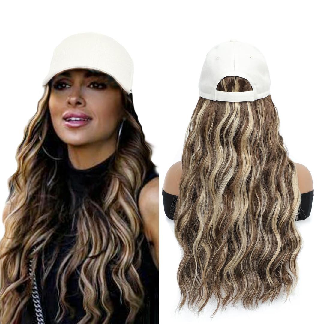 Synthetic Wig Hat with Natural Wave hair Extensions attached for woman Baseball cap wig Mix Brown Blonde curly wavy Hairstyle Adjustable Beige Hat Wig (Mi brown blonde, 22inch)