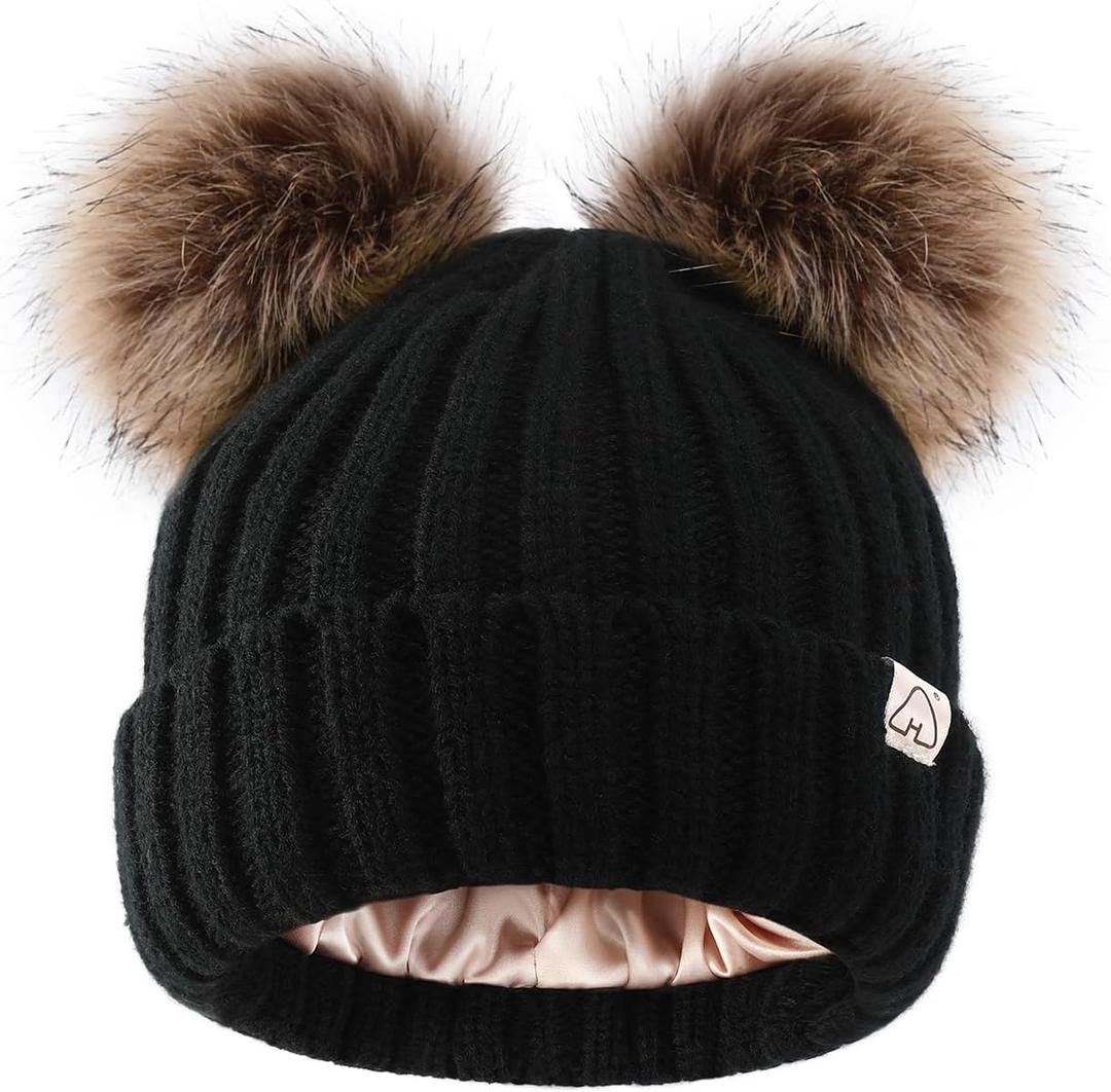 Hat Hut Toddler Beanie Satin Lined Beanie for Baby Winter Hats for Kids Pom Pom Beanie for Boys Girls