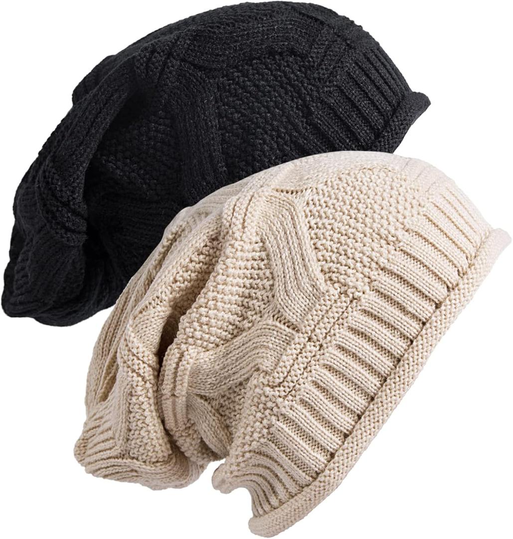 Senker Fashion Beanie Hats for Women, Winter Slouchy Knit Beanies Warm Fleece Lined Chunky Oversized Skull Cap Gifts (Black Beige)