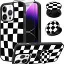 SAKUULO Compatible with iPhone 14 Pro Case, [Screen Protector + Kickstand] Plaid Checkered Aesthetic Cute Design,Tire Texture Anti-Slip Shockproof Ultra Thin Protective Case 6.1inch