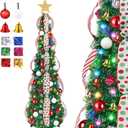 5 FT Collapsible Pop Up Christmas Tree, Pre Lit Pencil Christmas Tree with Multi Color Change Lights and DIY 63 Ornaments, Pre Decorated Artificial Tree with Xmas Decor Home Indoor Party (Green)