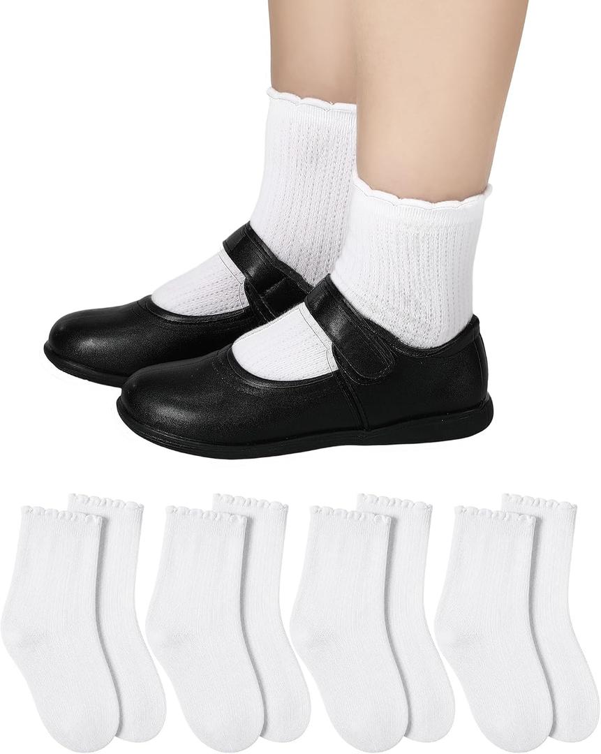 Shyyween 4 Pairs Girls White Ruffle Socks Kids Cotton School Uniform Dress Socks Crew Ankle Size 4-12 Years (White)