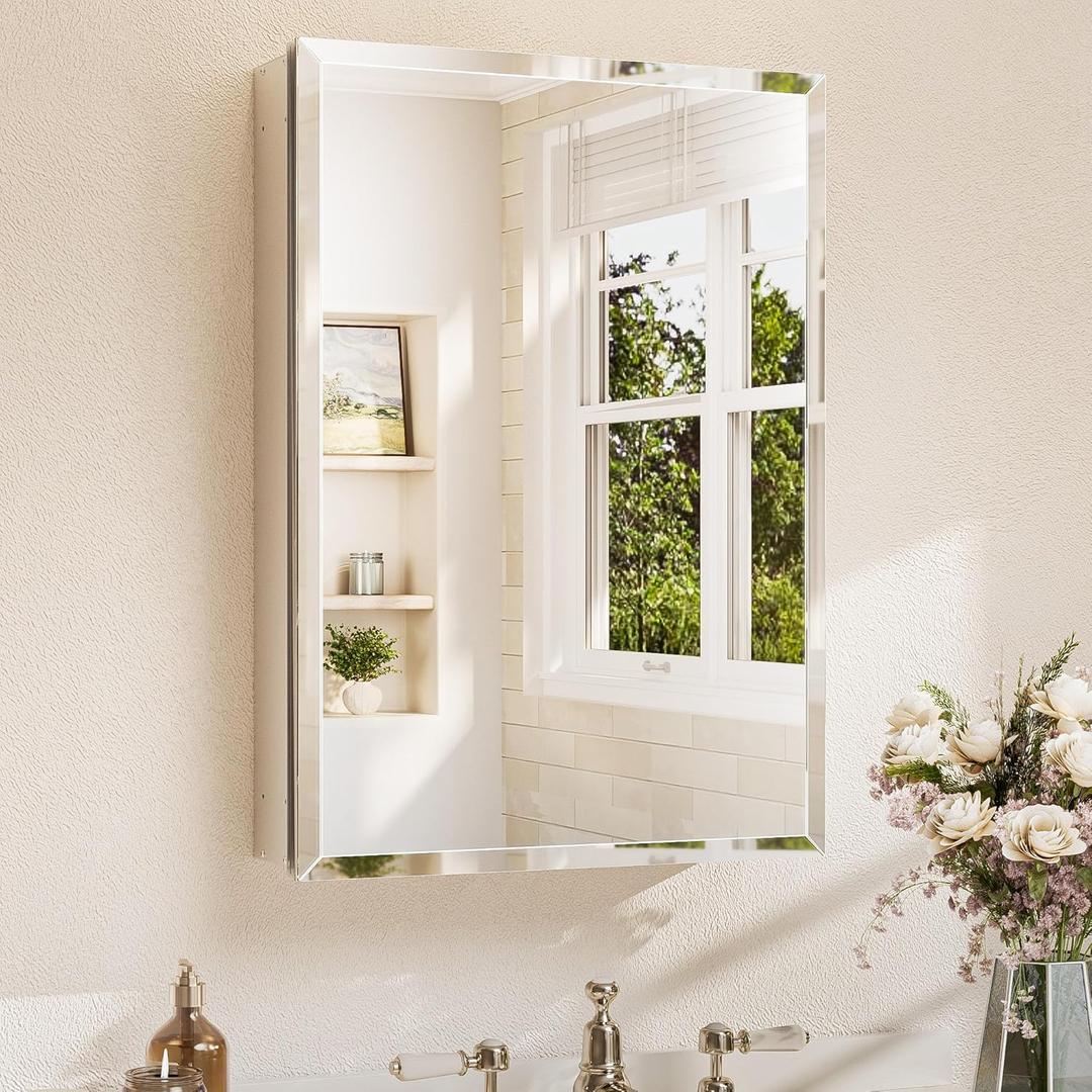 TETOTE 20 x 28 Medicine Cabinet with Mirror with Tempered Beveled Mirror Silver Medicine Cabinet Aluminum Cabinet DTC Hinges, Stepless Adjustable Shelves, Recessed/Surface-Mounted