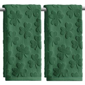Artoid Mode 2 Pcs Dark Green 3D Shamrock Jacquard Patrick Hand Towels for Bathroom, 100% Cotton Soft Absorbent Bathroom Decor Towels, 13.7 x 29.5 Inch