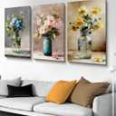 Azartslr Flower Canvas Wall Art, Farmhouse Rustic Blue Floral Art Prints For Living Room, Vintage Pink Bathroom Botancial Painting Poster, Yellow Plants Picture Kitchen Bedroom Decoration