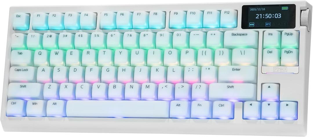 EPOMAKER G84 PRO Wireless Gaming Keyboard with Screen&Knob, 75% Creamy Mechanical Keyboard, 8000mAh, Hot Swappable, Silicone Keycaps, BT5.0/2.4G/USB-C Mode, NKRO, RGB (White, Creamy Jade Switch)