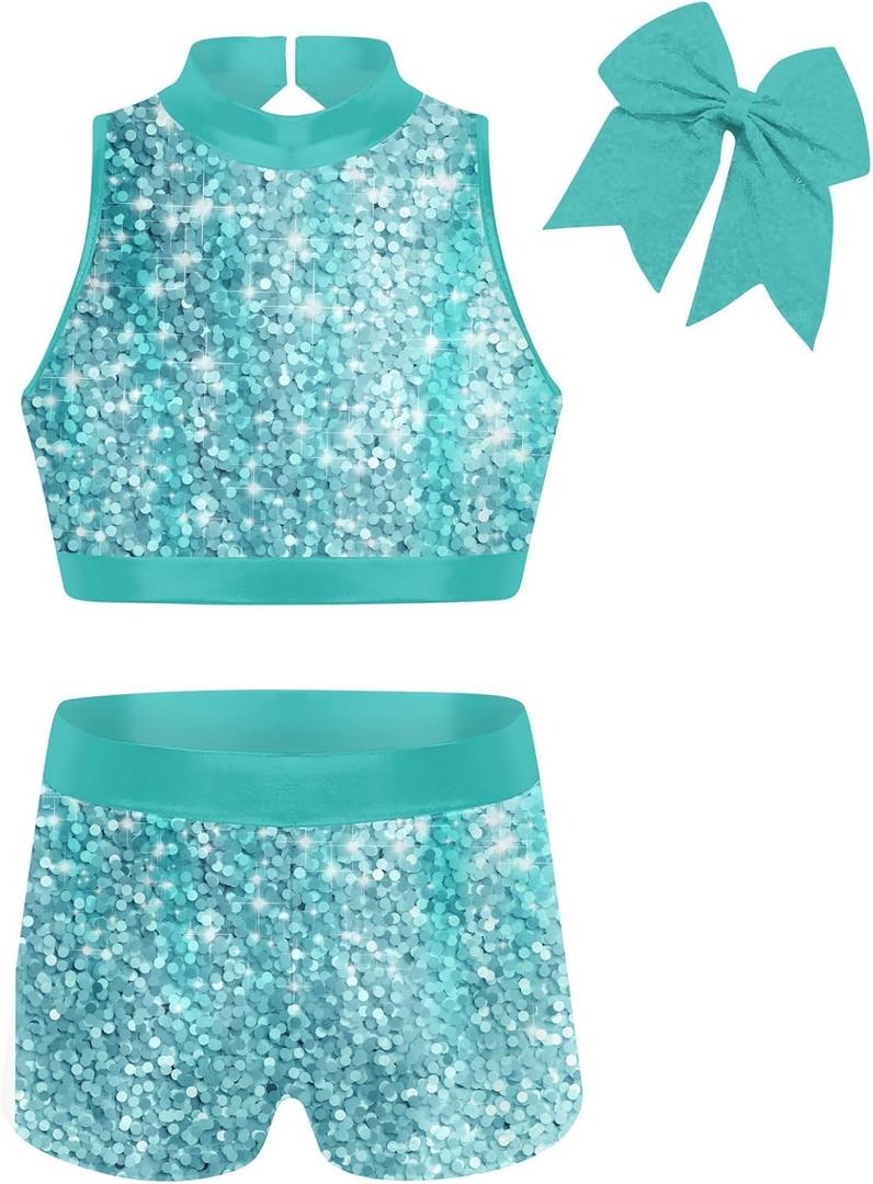Vogseek Gymnastics Leotards for Girls with Shorts Sparkly Ballet Dance Unitards Biketards Kids Activewear (6-7 Years, Blue)