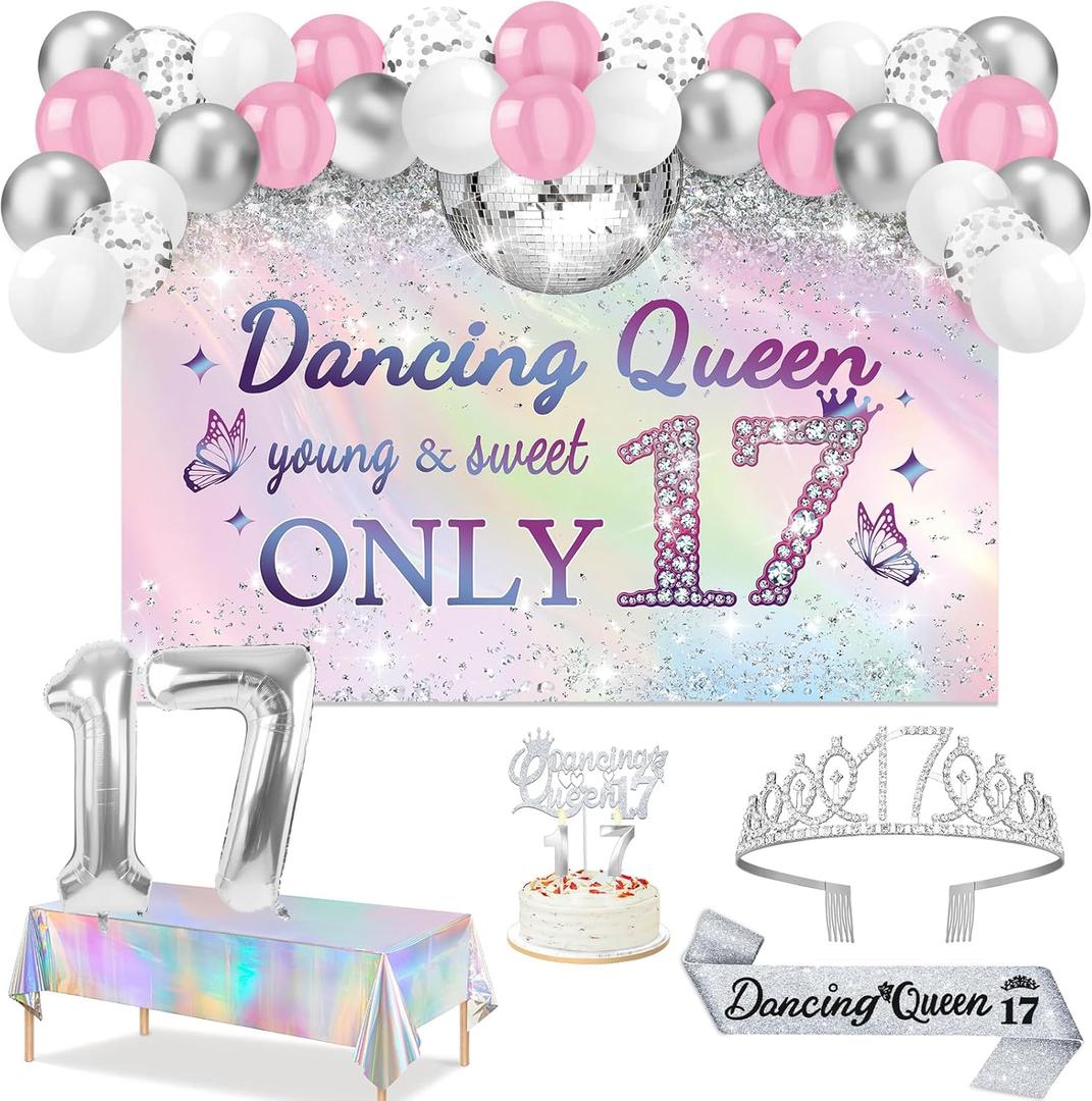 Dancing Queen Party Decorations 17, Silver Dazzle Dancing Queen Banner and Iridescence Tablecloth, Sash and Crown, 17th Birthday Cake Topper and Candles, Sweet 17 Birthday Balloon Set Arch