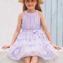 Move Dance Girls Halter Neck Dress Summer Flared A-Line Swiss Dot Chiffon Sundress 6-13 Years Old (Purple)
